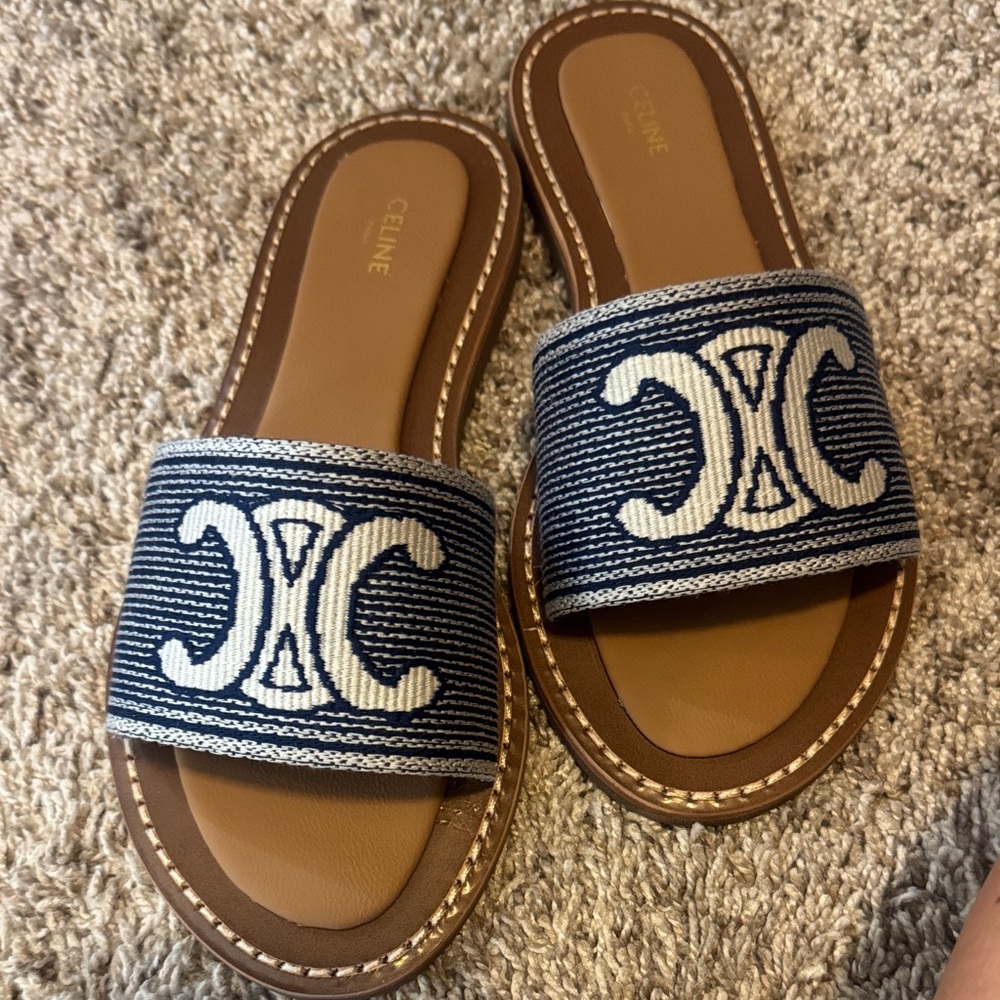 Blue and White Slide Sandals
